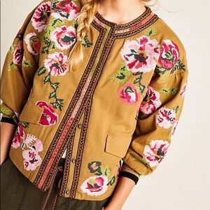 BRAND NEW Anthropologie Needlepoint Bomber Floral Embroidered Jacket Size XS